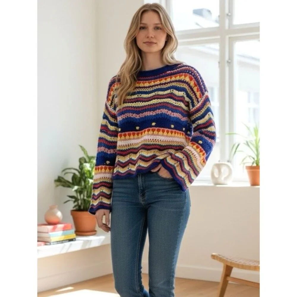 NWT Crochet Open Knit Colorful Striped Sweater Boho Beginning Boutique S/M